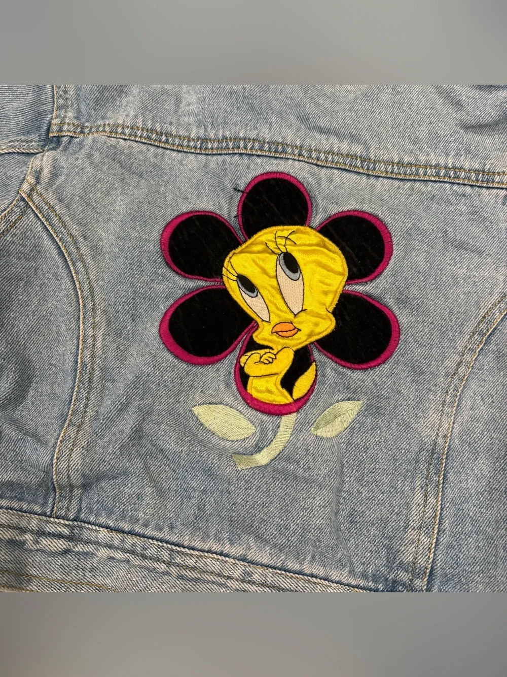 Looney Tunes Tweety Bird Kids Size 6/6X Jean jacket Velvet Trim 1990’s Vintage